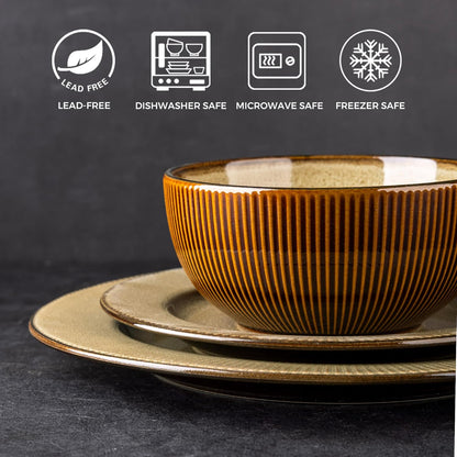 GBHOME Ceramic Dinnerware Sets,12 pcs Embossed Elegant Stoneware Plates and Bowls Sets, Housewarming Wedding Gift | Dishwasher & Microwave Safe | Dishes Set Service for 4