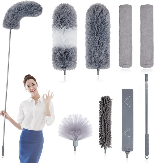 BOOMJOY Microfiber Feather Duster 7PCS, Bendable Dusters with 100 inches Extension Pole for Cleaning High Ceiling, Fan, Blinds, Cobweb, Furniture, Cars