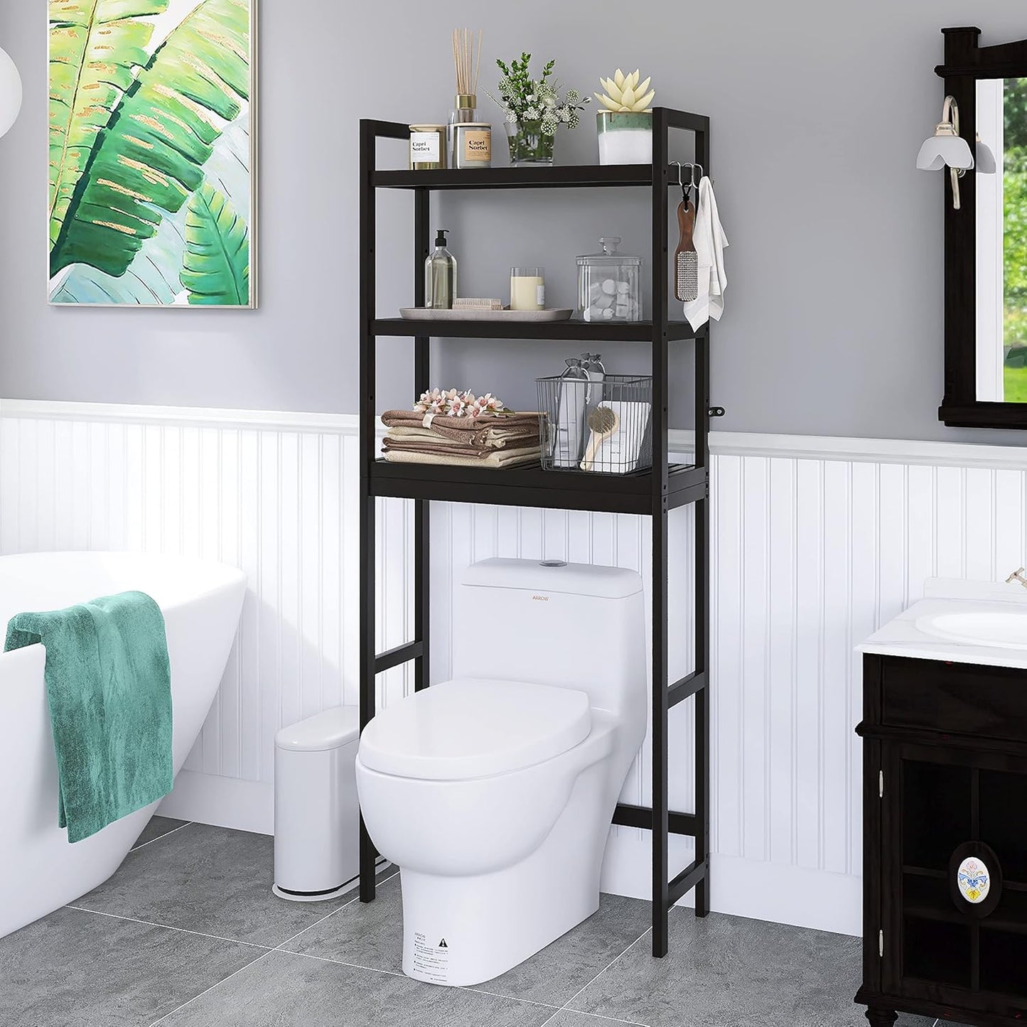 SMIBUY Bathroom Storage Shelf, Bamboo Over-The-Toilet Organizer Rack, Freestanding Toilet Space Saver with 3-Tier Adjustable Shelves (Black)