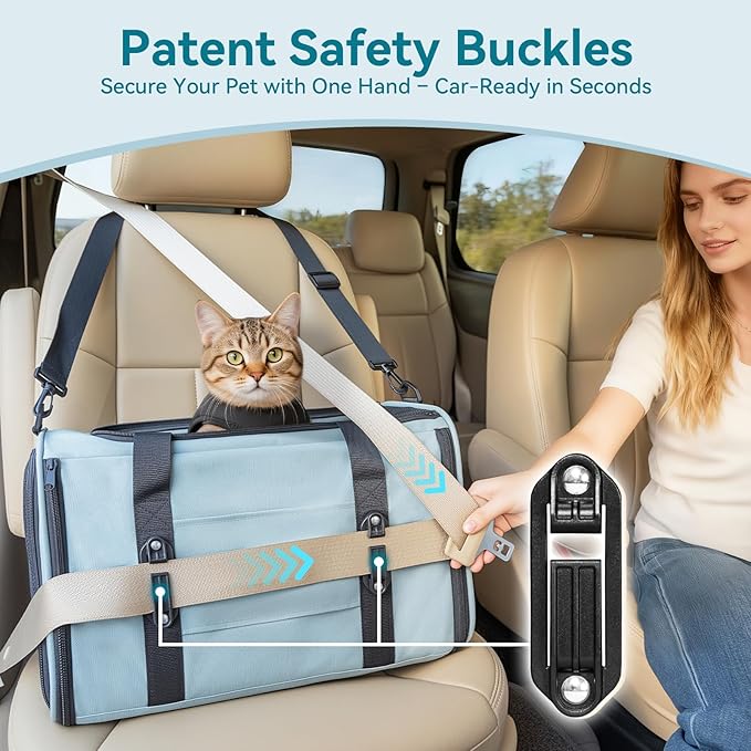 Petsfit 18 X 11 X 11 Airline Approved & Cat Car Carrier, with Patent Safety Buckles & Lockable Zippers Preventing Escapes, Breathable Mesh & Padded Mat — Portable, Stress-Free Travel Carrier