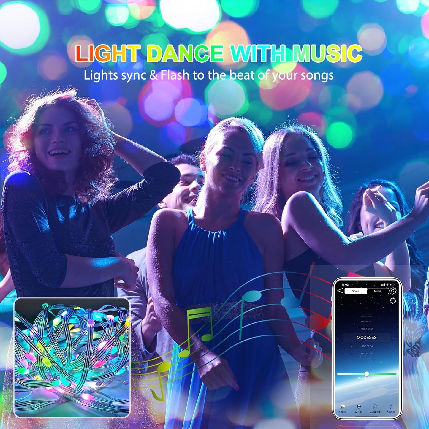 QINER LED Curtain Lights Indoor, 9.8 FT x 9.8 FT 300 LED with USB APP Control, Multiple Modes Selection, Smart Curtain Light for Bedroom, Wedding,Valentine's Day, Party