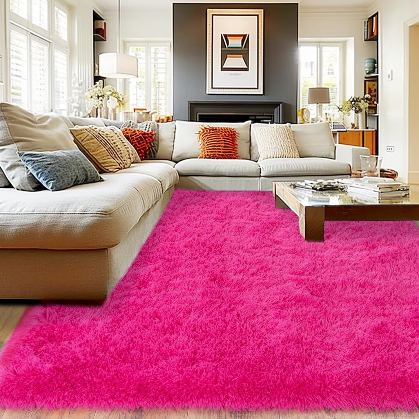 Extra Large Fluffy Area Rug for Bedroom Living Room, 9x12 Feet Hot Pink Modern Indoor Carpets Room Colorful Rugs, Plush Indoor Nursery Classroom Home Decor Bedside Rug with Non-Slip Bottom