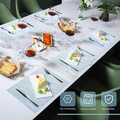 Vinyl Plastic Placemats Set of 6 Washable Heat Resistant Non-Slip Elegant Indoor Outdoor Kitchen Dining PVC Woven Table Place Mats (Sky Blue Rhombus)