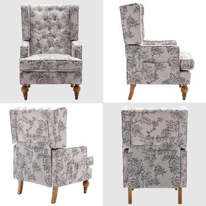 DUOMAY Tufted Accent Chair, Modern Linen Upholstered Wingback Side Arm Chair for Living Room Bedroom with Wood Legs, Comfy Reading Guest Chair for Office, Beige Flower Pattern