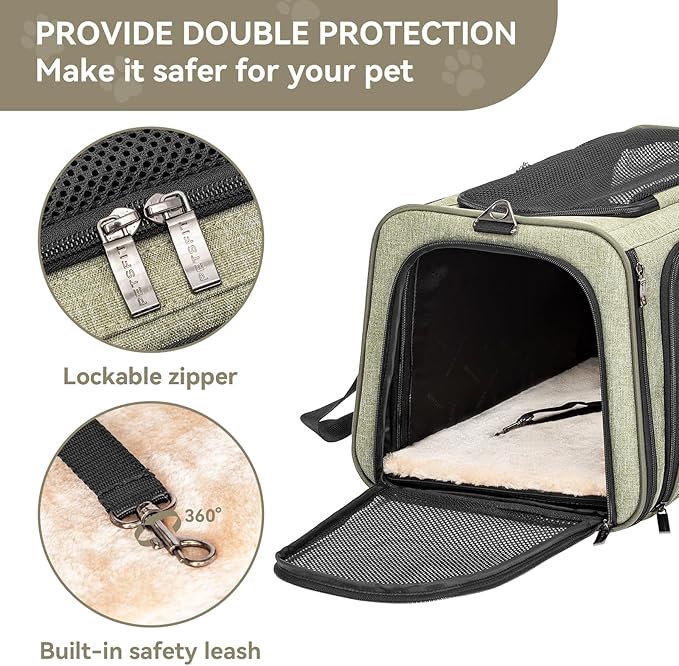 Petsfit Expandable Rabbit Carrier Bunny Carriers, 16 Inch Airline Approved Pet Carrier with 2 Extensions, Soft Washable Cushion, Self-Locking Zipper Head, Built-in Safety Rope, Fit for Travel