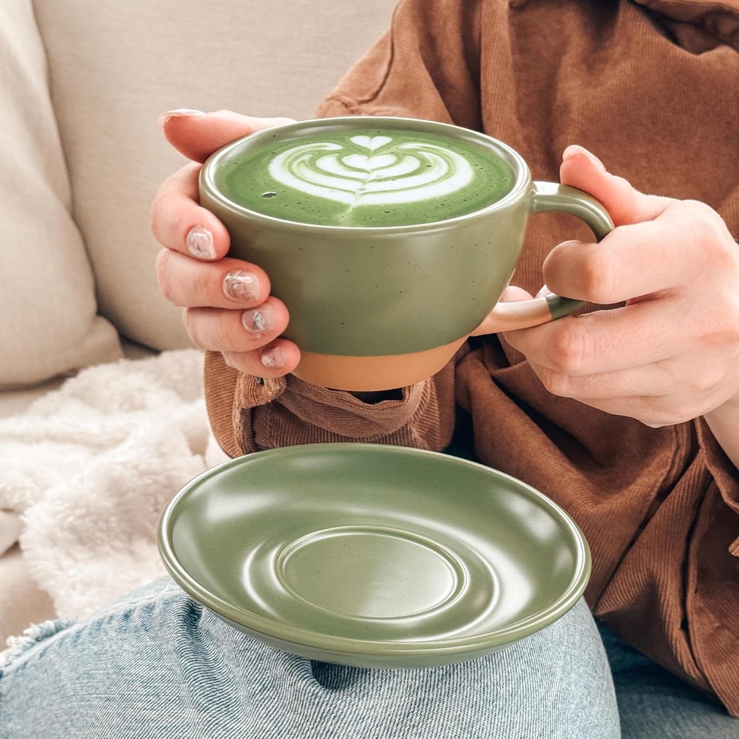 Mora Ceramic Latte Art Mug With Saucer - 10.5 oz, Round Bottom For Perfect Pours - Cafe Cups for Cappuccino, Espresso, Coffee, Tea etc - Porcelain Set for Baristas, Great Gift - Moss Green