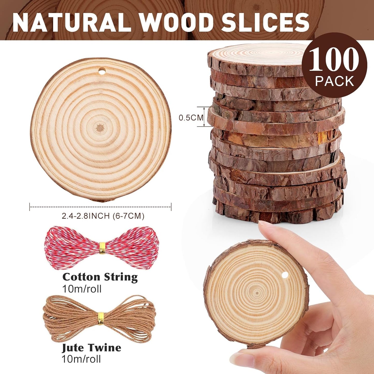 100 Pack Nature Wood Slices for Crafts,2.4-2.8In Unfinished Natural Wood Rounds.Wood Circles Predrilled with Hole and 20m Rope for Wooden Craft Supplies,Painting,Christmas Ornaments,DIY Gifts