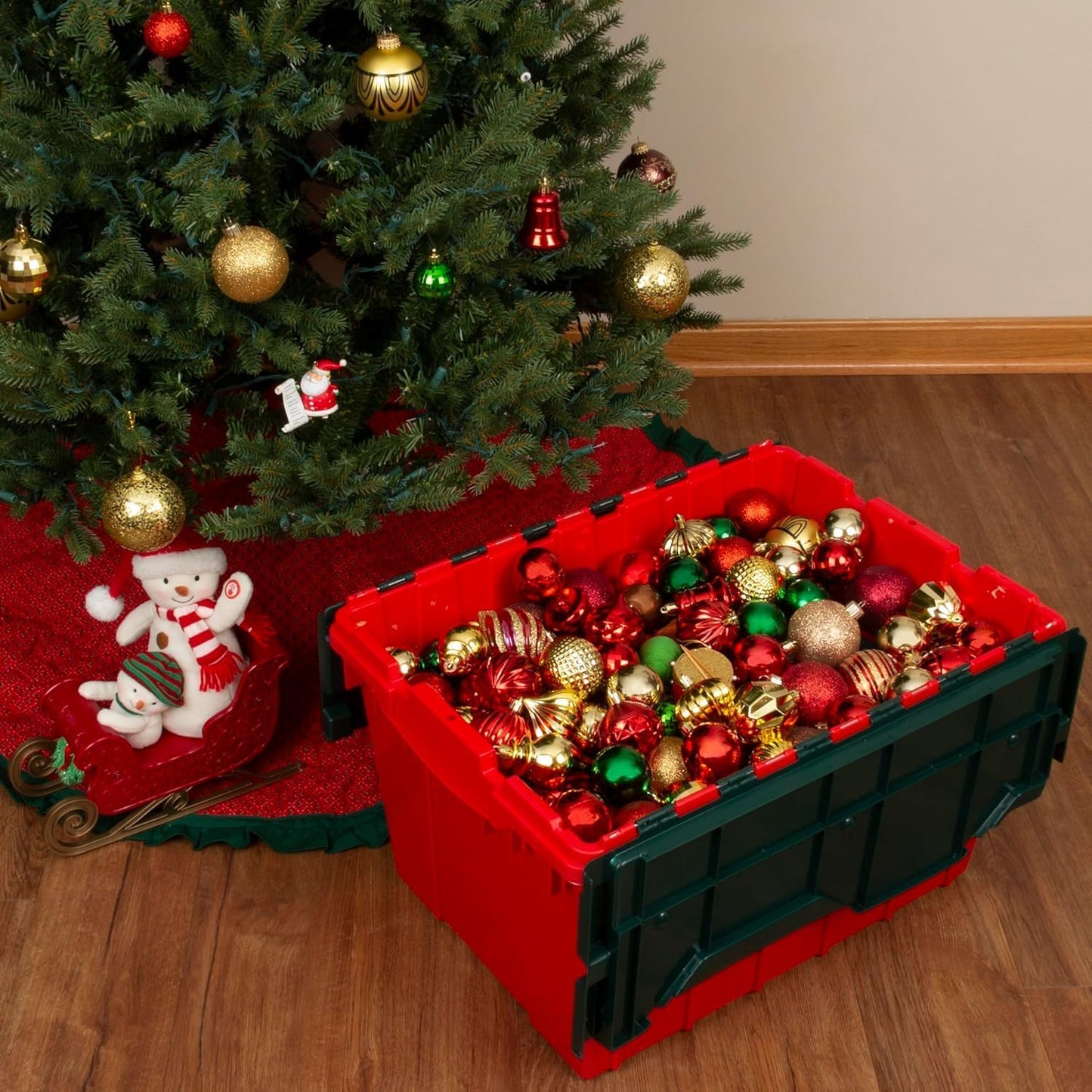 Akro-Mils KeepBox 12 Gallon Storage Container, Nesting and Stackable Plastic Storage Box with Lid Attached, Clear Tote for Garages, Closets, and Moving, 21-1/2" x 15" x 12-1/2", Red/Green