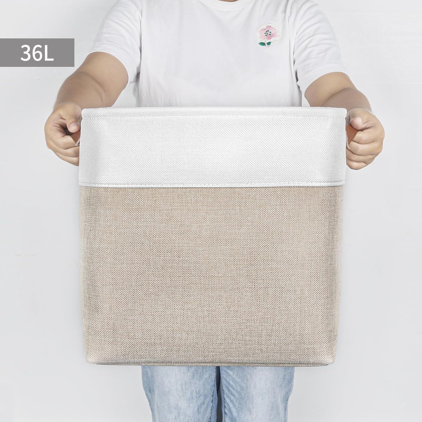 13x13 Cube Storage Bins, Collapsible Fabric Storage Box, 4 Pack Closet Baskets with Handles for Organizing, Shelf, Toys, Clothes, Home, Office, Nursery (Beige&White)