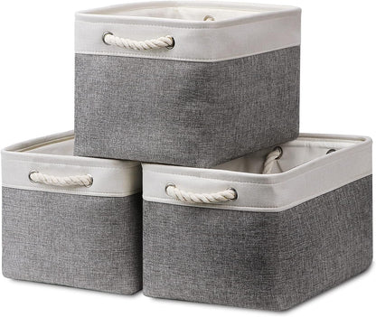 HNZIGE Large Fabric Storage Baskets (3 Pack) - Foldable Gift Baskets with Rope Handles, Decorative Organizers for Home (White & Gray, 15" x 11" x 9.5")