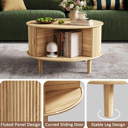 Round Coffee Table with Storage,Fluted Table with 360°Curved Sliding Doors,Solid Wood Legs, Mid Century Modern Center Table for Living Room,Apartment, Home Office,Oak,Natural
