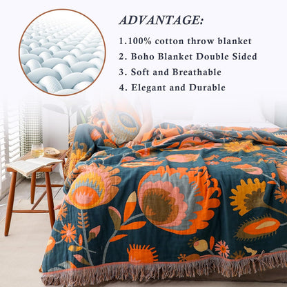 Snycler Boho Throw Blanket for Bed, 100% Organic Cotton Muslin Soft Throw-Orange Boho Floral Farmhouse Rustic Spring Summer Fall Decor Blanket for Couch Sofa Quilt and Gift, 80" x 90"