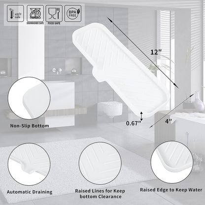 Silicone Bathroom Soap Dishes with Drain Spout-Bathroom and Kitchen Sink Organizer,Sponge Holder,Dish Soap Tray,Perfect for Dispenser,Scrubber,Bottle,Cup on Sink or Counter-White 12"×4"