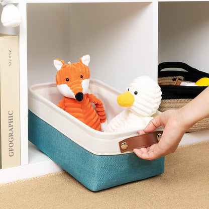 DULLEMELO Small Collapsible Fabric Basket for Organizing, Shelves, Closets, Laundry, Nursery, Decorative Gift Basket (White & Teal)