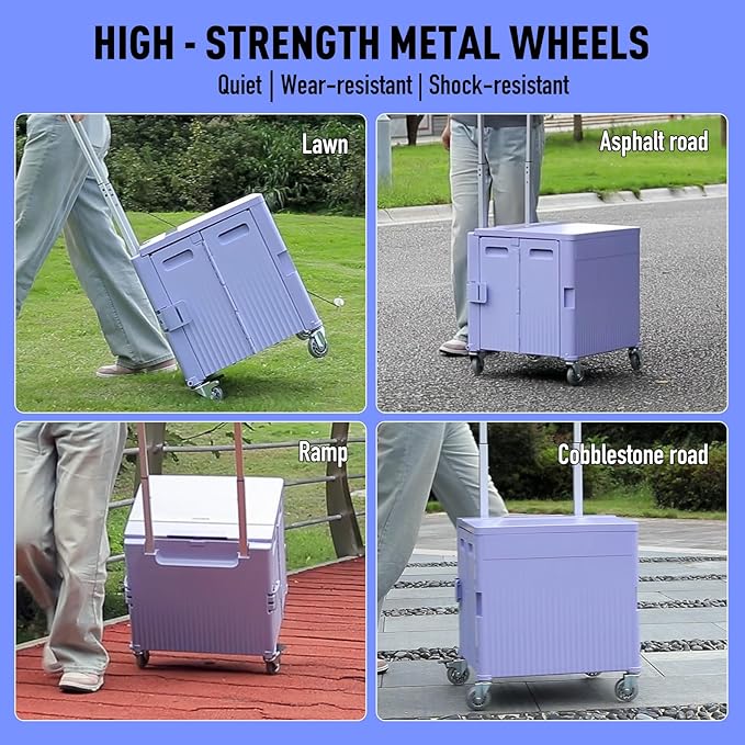 Folding Utility Cart Portable Rolling Crate Handcart Shopping Trolley Collapsible Tool Box, with Lid, on Rotate Wheels, for Grocery, Shopping, Office, Teacher, Camp,File (Purple)