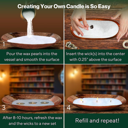 LILY LADUE Candle Refill Kit - 2Lb/32Oz Pearled Candles Sand and Wicks (48) and Hammered Copper Holder, Reusable Unique Sand Candles with Wicks for Candle Making, Bulk Unscented Pearl Wax Beads