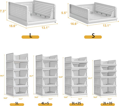 5 Pack Stackable Plastic Storage Basket Closet Organizer Bin Foldable Clothes Organizer Storage Drawer Shelf Container for Living Room Bathroom Kitchen Office (5L)