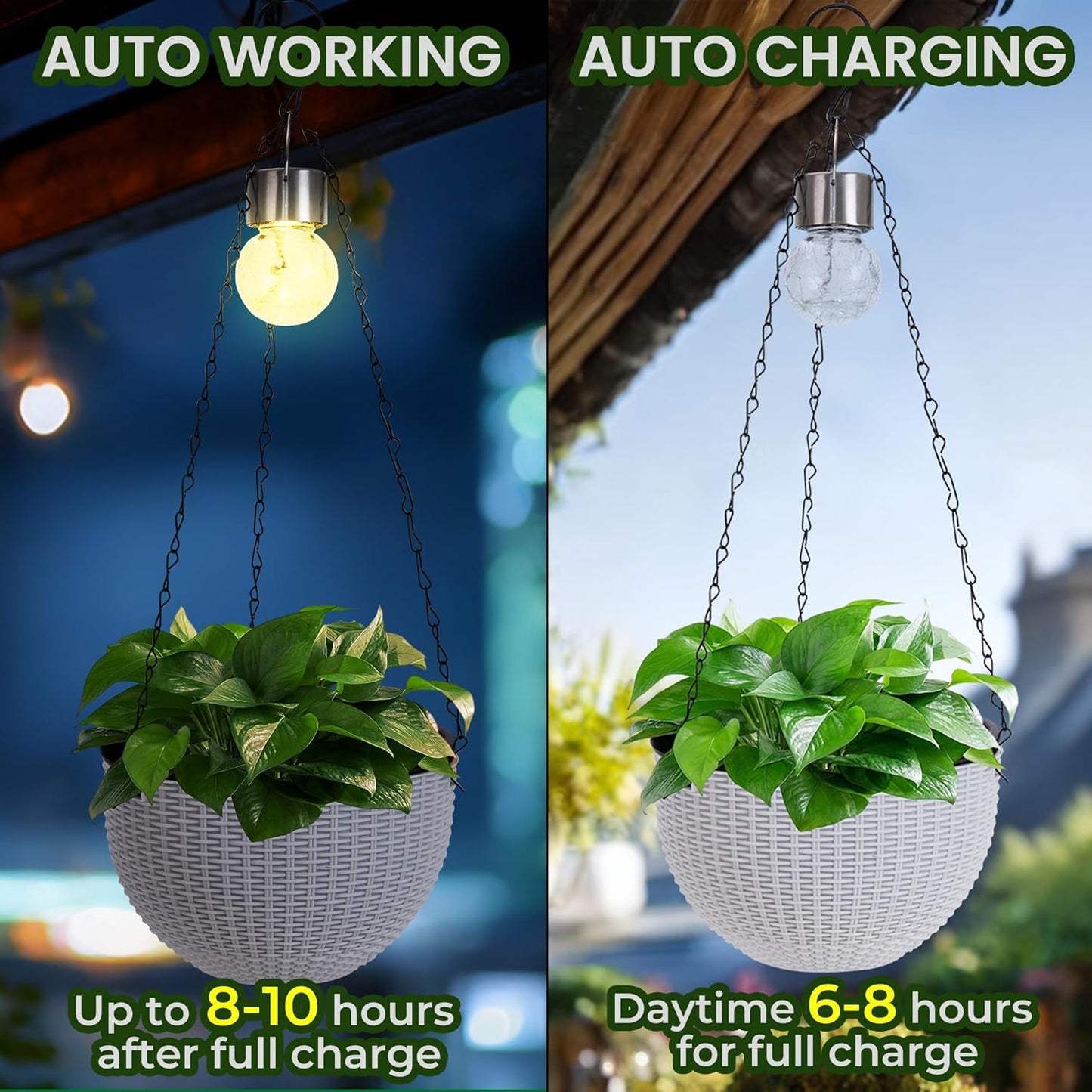 Hanging Pots for Plants Outdoor - 2 Pack White Artificial Rattan Solar Flower Baskets with Drainage Holes & Removable Tray, Garden Gifts for Women/Mothers, Porch, Balcony Decor