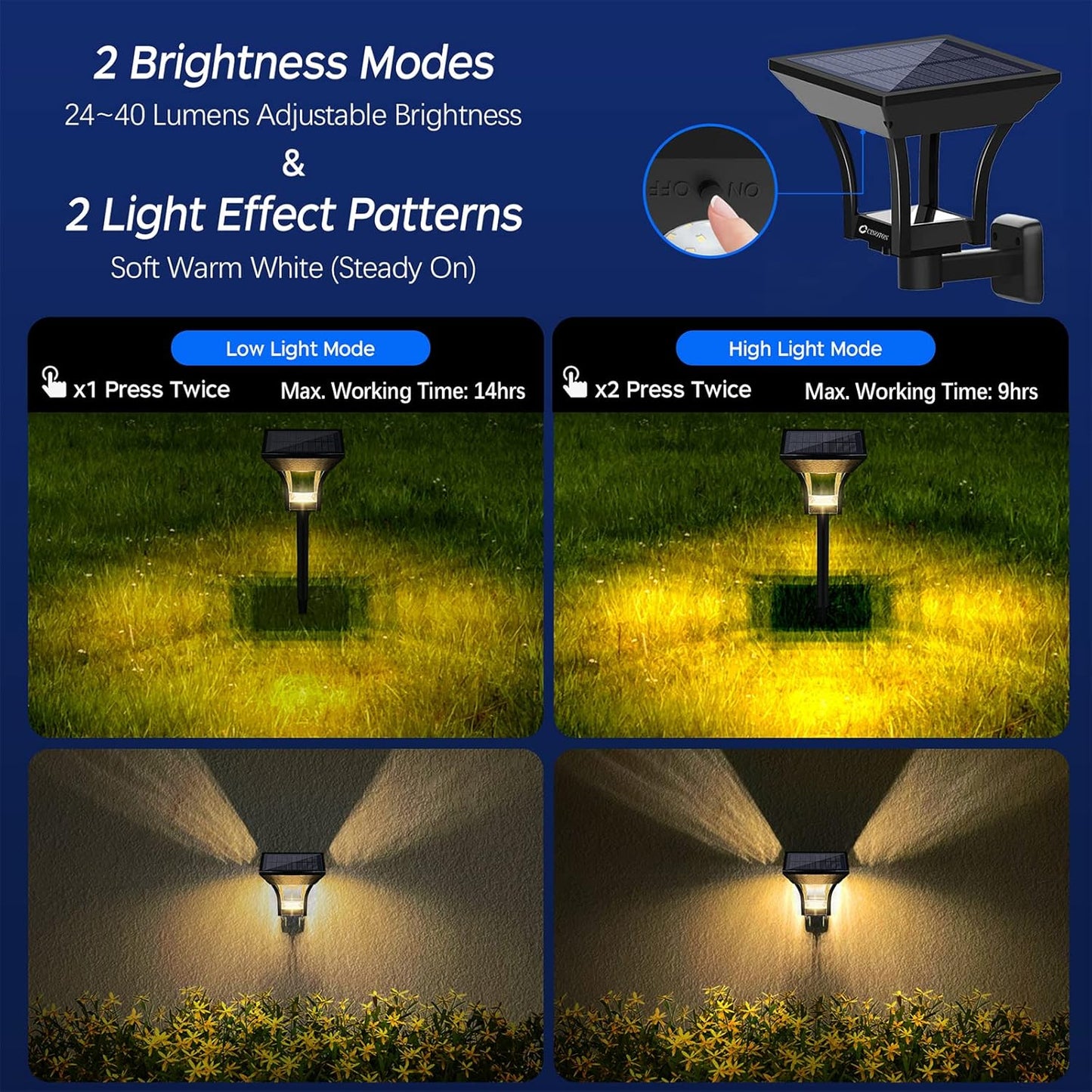CINOTON Outdoor Solar Landscape Pathway & Wall Lights with 2 Brightness Modes, IP65 Waterproof LED Solar Powered Garden Lights for Patio Lawn Porch Walkway Backyard Driveway Sidewalk Warm White 4 Pack