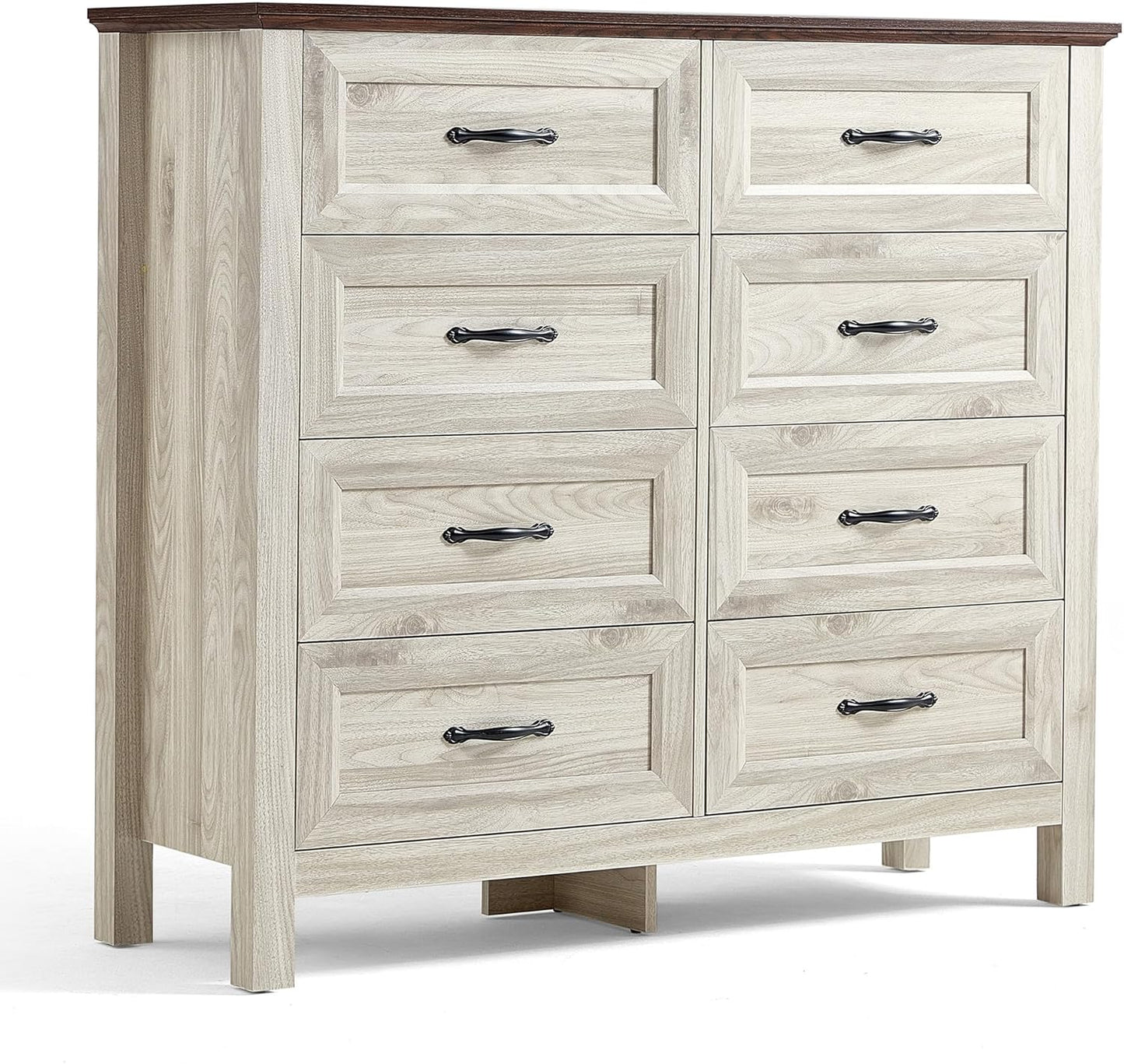 LINSY HOME Farmhouse 8 Drawers Dresser Chests for Bedroom, Wood Dresser Wide Chest of Drawers, Storage Dressers Organizer for Bedroom, Living Room,Hallway, SGS Certified