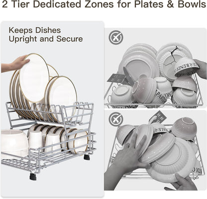 BOOSINY 2 Tier Turquoise Large Stainless Steel Dish Drainers Drying Rack for Kitchen Counter with Drainboard, Rust Proof Metal, Space Saving, Modern Aesthetic, Compact Plates Strainers with Extra Mat