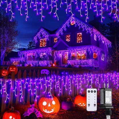JMEXSUSS Purple Halloween Icicle Lights, 38.8 FT 400 LED Icicle Light Outdoor Waterproof, 8 Modes Purple Halloween Lights with 80 Drops Plug in for House Christmas Party Decorations