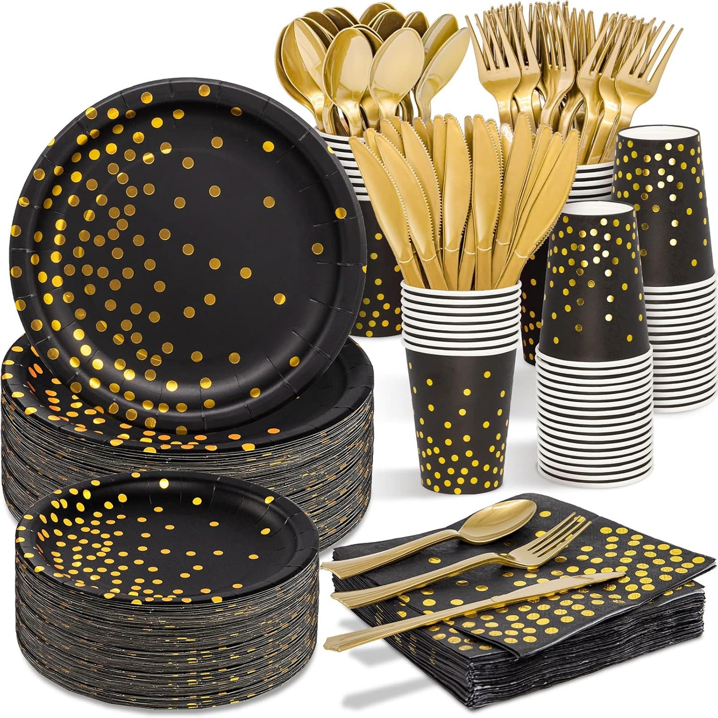 Black and Gold Party Supplies, 350PCS Disposable Dinnerware Set Inclueds Black Gold Dot Paper Plates Napkins Cups Gold Plastic Fork Knives Spoon for Women Men Birthday Wedding Baby Shower Decorations