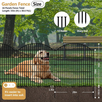 16 Panels Decorative Garden Metal Fence, 33in (H) x 38.67ft (L) No Dig Dog Fencing for Outdoor Yard, Rustproof Animal Ground Stakes Temporary Panel Border Barrier for Patio Flower Bed Camping