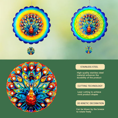 Peacock Hanging Wind Spinners,12 Inch 3D Garden Spinner Kinetic Art Garden Decorations，Stainless Steel Reflective Wind Spinners for Yard