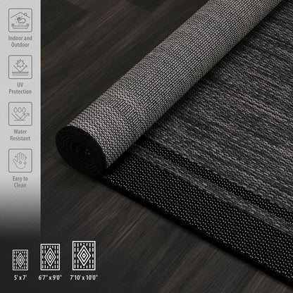 CAMILSON Indoor Outdoor Rug, 6x9 Bordered Dark Grey Black Modern Area Rugs for Indoor and Outdoor Patios, Kitchen and Hallway Mats, Washable Porch Deck Outside Carpet (Bordered Black, 6 x 9)
