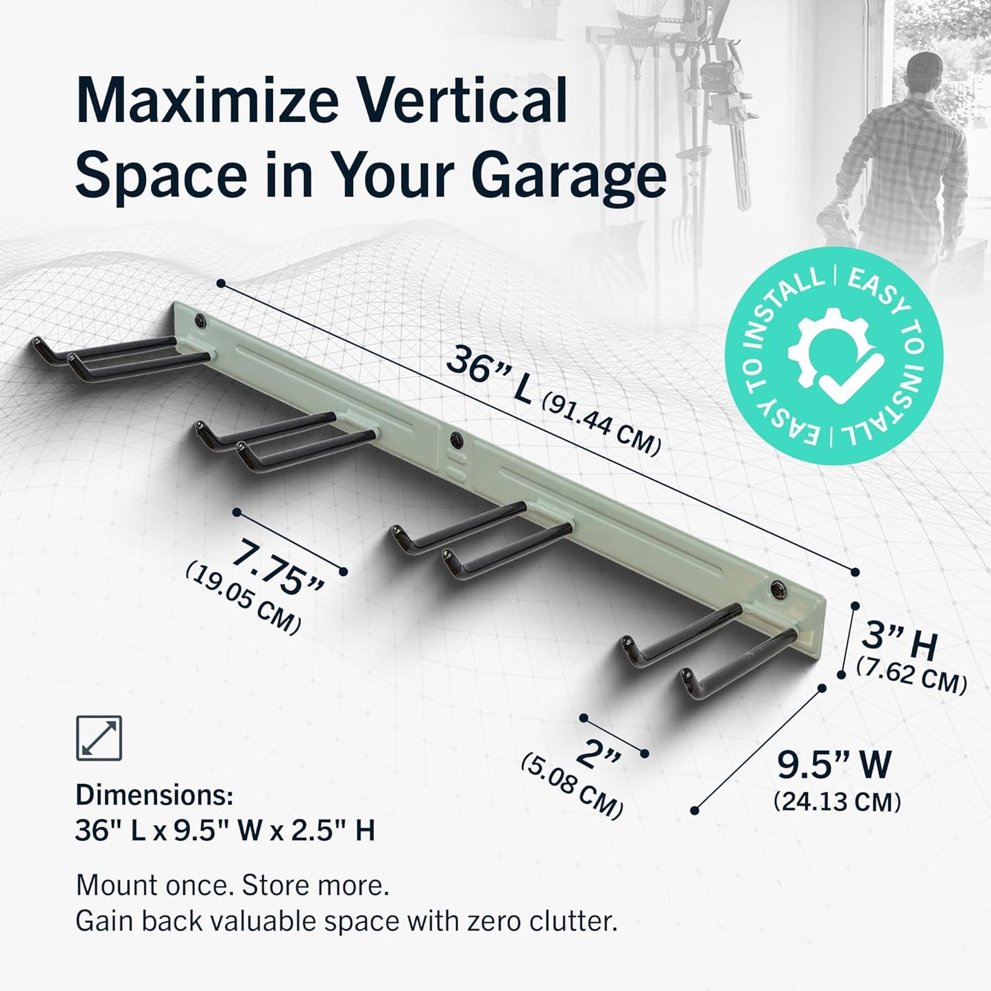 StoreYourBoard Wall-Mounted Rack With 4 Garage Hooks – Heavy-Duty Steel Holder Garage & Garden Storage for Shed, Workshop, or Home Organization – For Rakes, Shovels, Tools & More – 1 Pack, Cactus