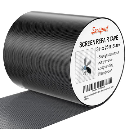 Black Window Screen Repair Tape, 3IN X 25FT (300IN) Screen Repair Kit for Windows or Doors, Strong Adhesive Patch Kit Fiberglass Mesh Tape