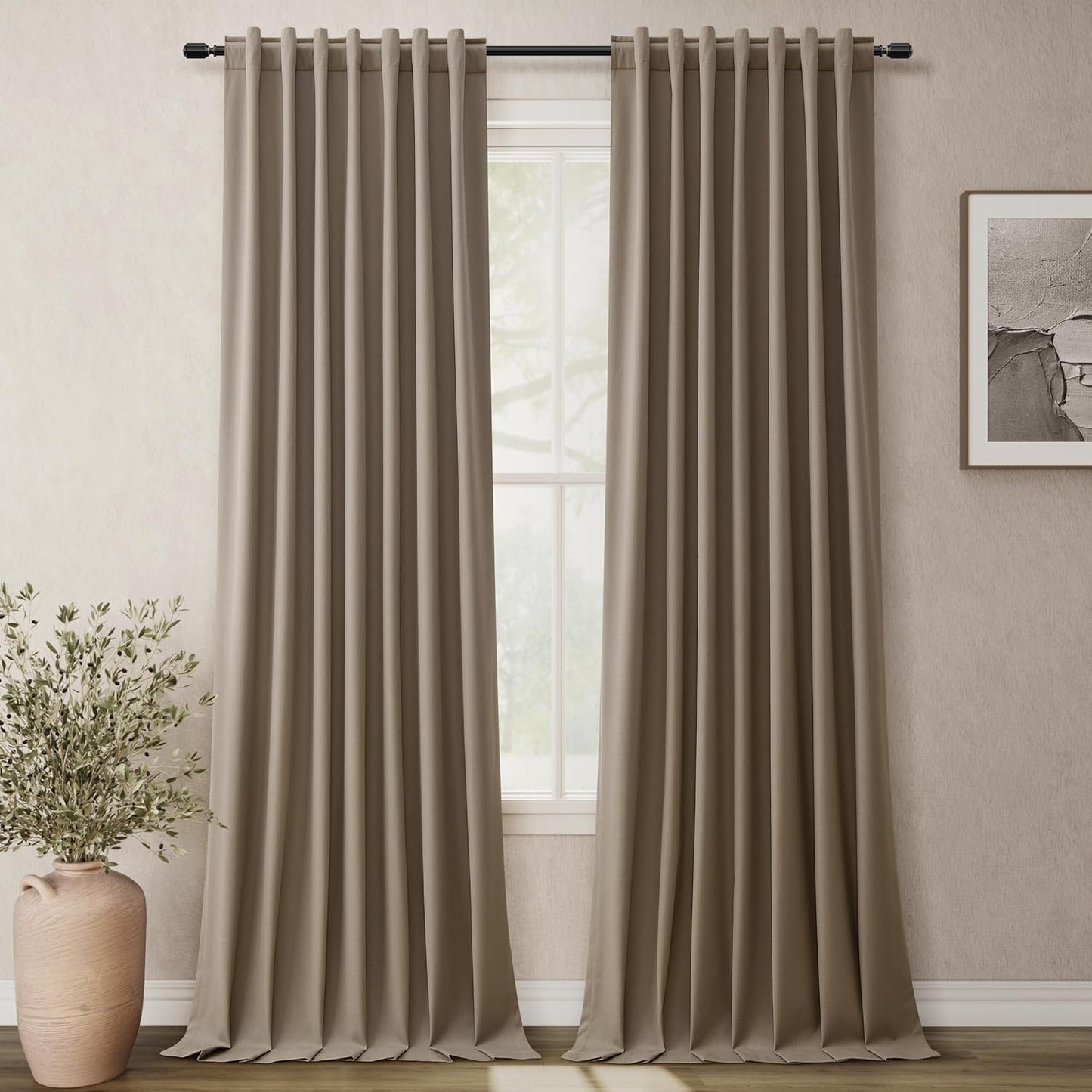 BOODII Dark Brown Linen Blackout Curtains for Bedroom 84 Inch Length 2 Panels Set Room Darkening Curtains Black Out Curtain Neutral Thermal Insulated Living Room Nursery Drapes Back Tab 52x84