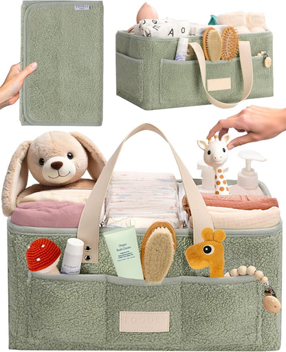 Baby Diaper Caddy Organizer with Portable Changing Mat - Teddy Fleece Diaper Organizer for Changing Table - Basket for Changing Essentials - Baby Essentials Organizer with Removable Dividers