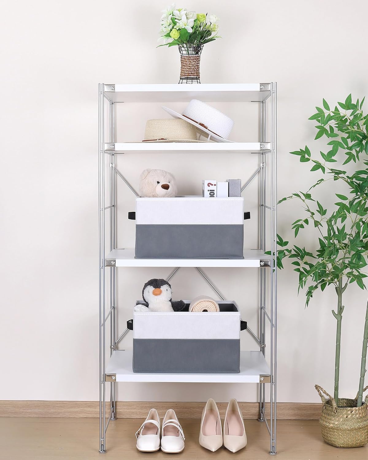 WUIKE Storage Baskets for Shelves, Fabric Closet Storage Bins with Handles, Foldable Clothes Organizer Bins for Bedroom, Nusery, Gray & White, Large, 3-Pack