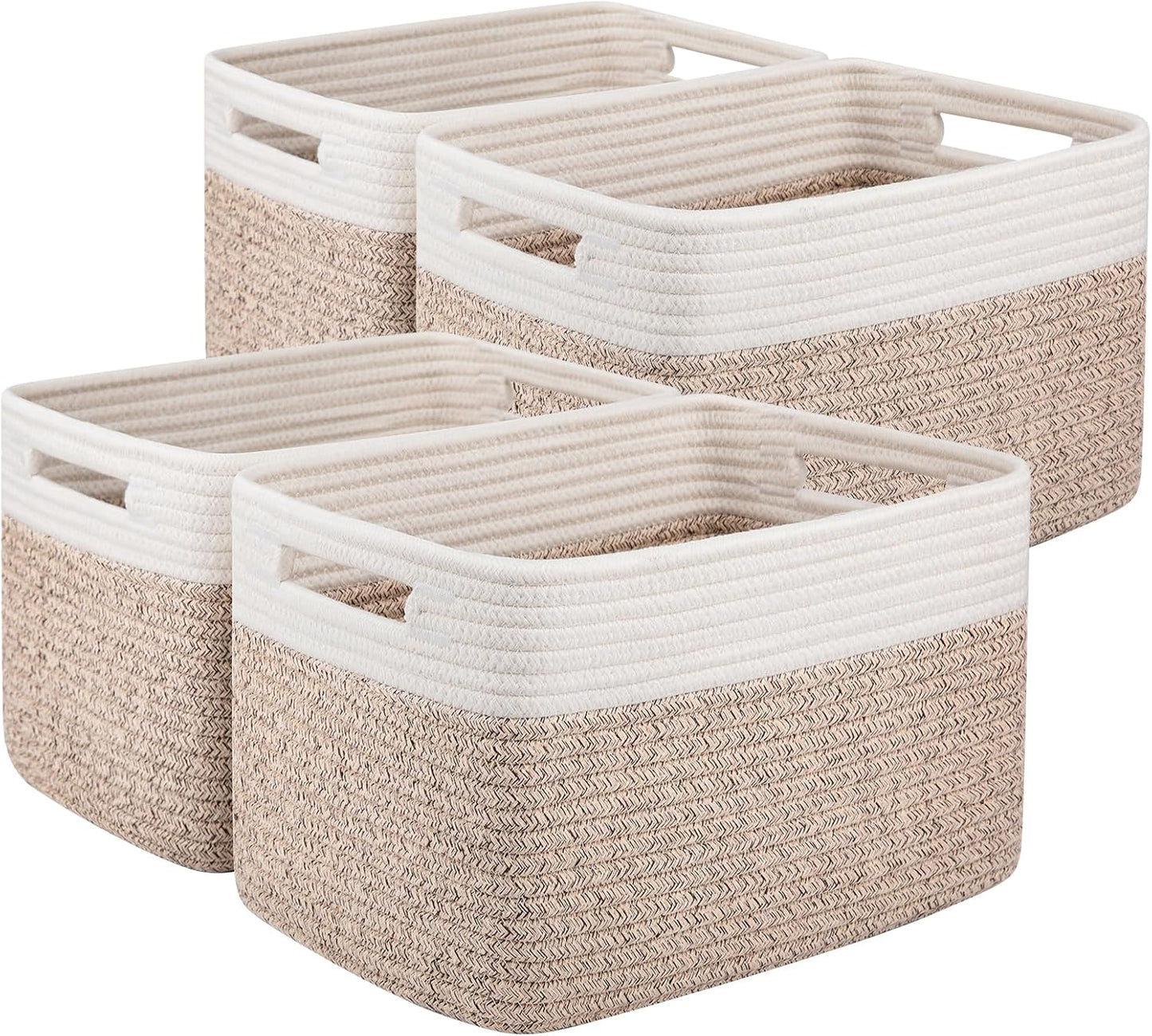 OIAHOMY 4 Pack Storage Baskets for Organizing, Basket for Shelves with Handle, Woven Baskets for Storage Toys, Towels, Books, Cotton Rope Basket 13" L x 9 " W x 7.8 " H, Brown & White