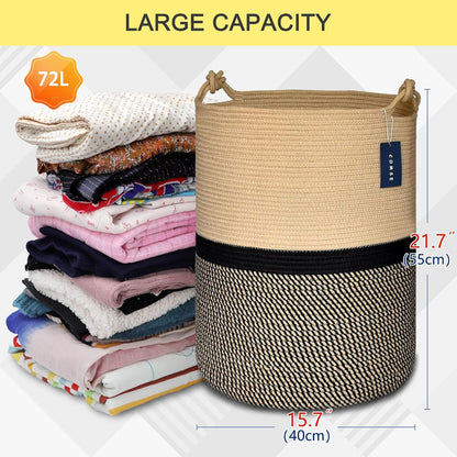 COMSE Extra Large Blanket Basket, Tall Woven Storage Basket, Nursery Hamper, 15.7”x 21.7”, Cotton Rope Laundry Hamper for Toys Clothes Towels, Blend Brown/Black