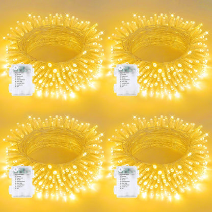 4 Pack String Lights Battery Operated with Timer, 66FT 200 LED Waterproof Battery Twinkle Lights, 8 Modes Fairy Light for Indoor & Outdoor Party Bedroom Garland Tree Christmas Decorations (Warm White)
