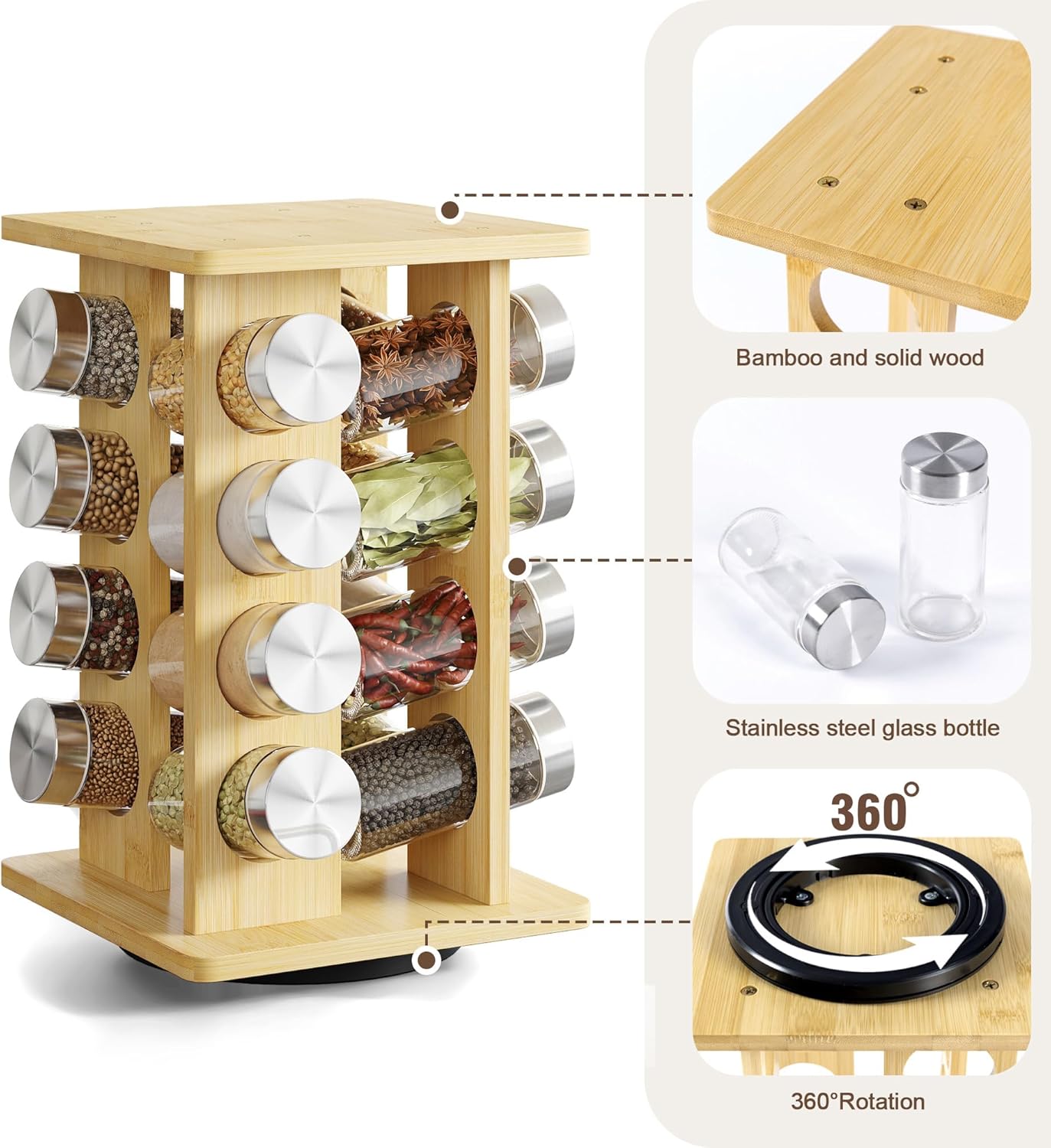 WelFurGeer Bamboo Spice Rack Organizer for Countertop, Revolving Spice Shelf with 16 Glass Jars, Lids & Labels, Desktop Rotating Seasoning Organizer for Kitchens, Space-Saving Design