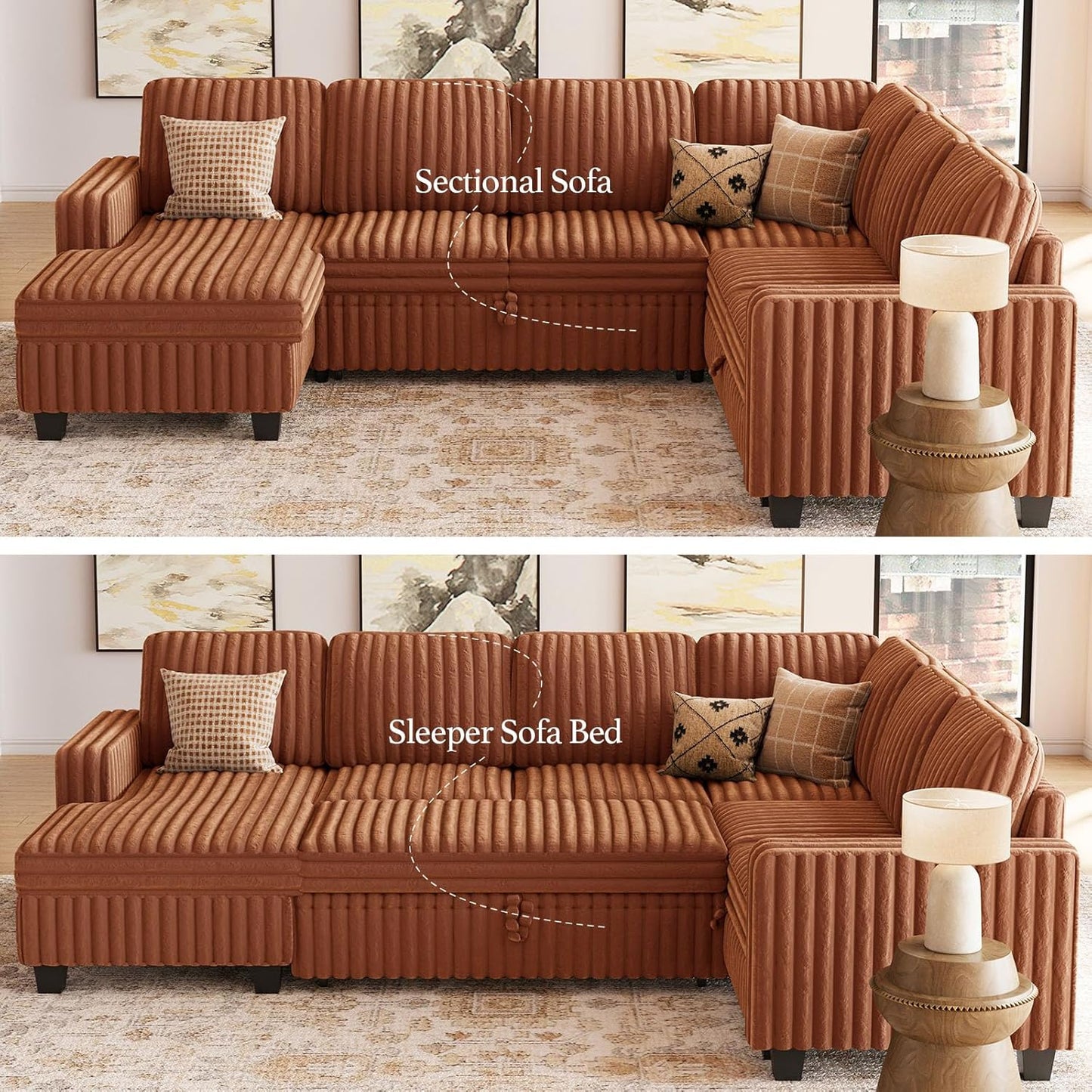 Belffin Corduroy Sleeper Sofa Bed with Storage Chaise Modular Sectional Sofa Couch with Pull Out Bed L Shaped Sectional Couches for Living Room Brick Red Couch