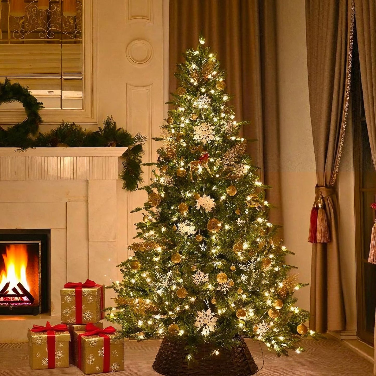 7.5 FT Prelit Christmas Tree with 550 Warm White Lights, 2359 PE&PVC Mixed Branch Tips, Hinged Premium Spruce Artificial Xmas Trees, Green, Foldable Base