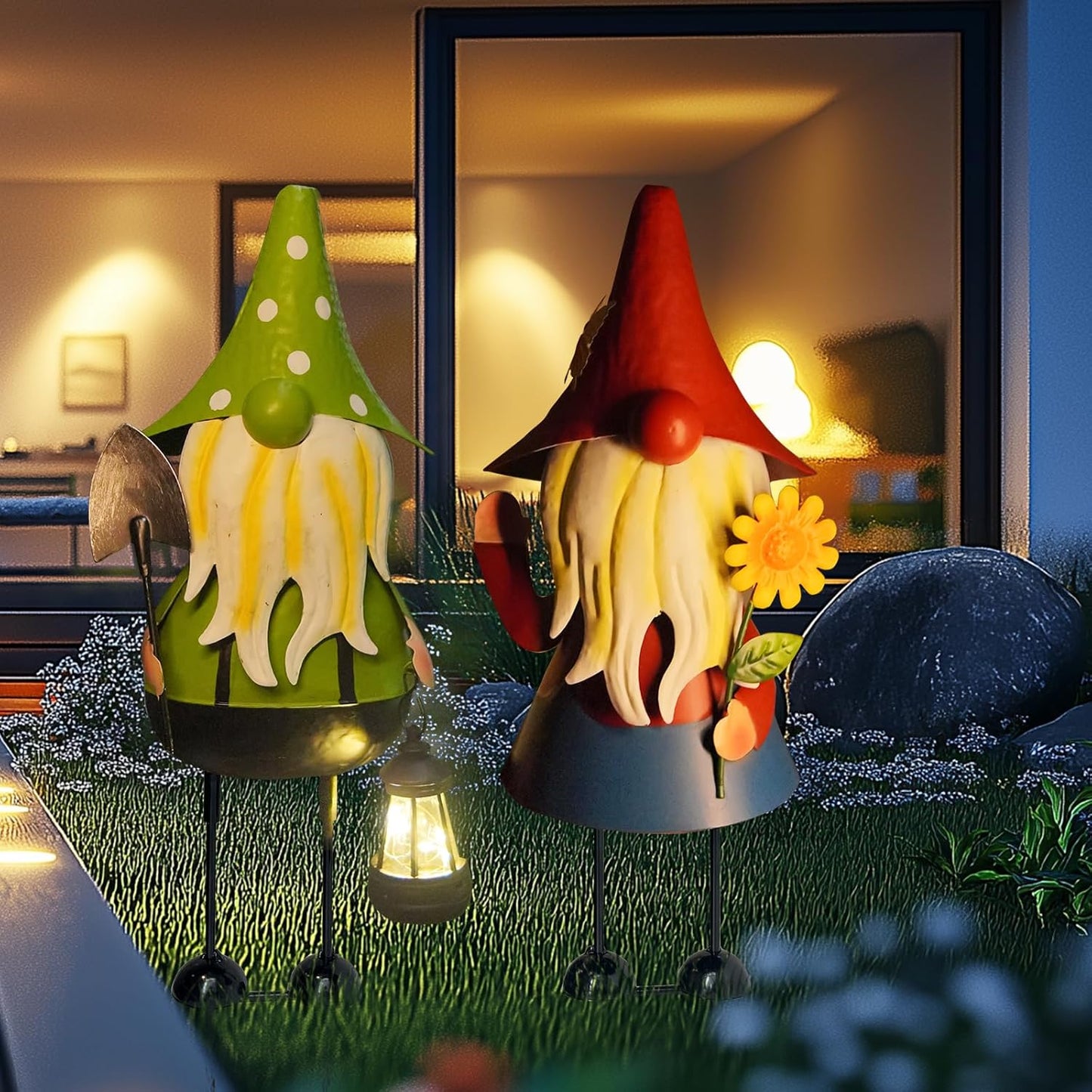 HONGLAND Solar Metal Gnome Yard Art -18 Inch Garden Gnomes Statues Outdoor Decor with Solar Lantern Lights -3D Outdoor Figurines for Patio Yard Lawn Porch Ornament Gardening Gifts