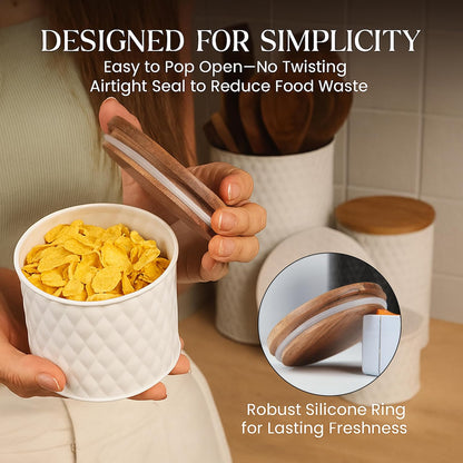 6 Canister Set for the Kitchen Countertop – Metal Food Storage Canisters with Airtight Lids for Flour, Tea, Crafts, Coffee, & Sugar – Container Set with Modern Wood Lids, White