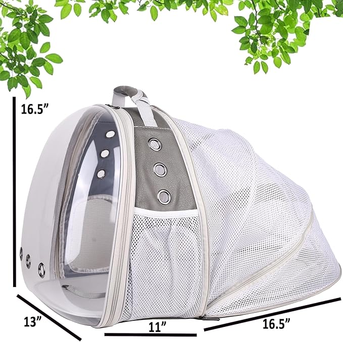 halinfer Expandable Carrier Backpack for Kitten Bunny and Small Puppy, Vented Transparent Space Capsule Astronaut Cat Bubble Window, PU Leather Grey Vet Carry Bag