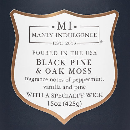Manly Indulgence Black Pine Oakmoss Scented Candles for Men, 15 oz Wooden Wick, Premium Soy Blend Wax, 60H Burn, Candles for Home Scented - Made in The USA