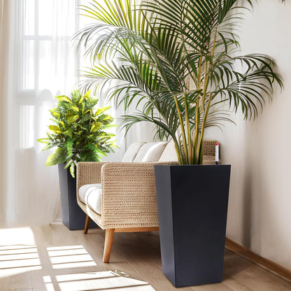 22.5" Tall Planters Set of 2, Outdoor＆Indoor Black Planter Pots, High Front Porch Planter Pots with Drainage Holes＆Water Level Monitor＆Inner Bucket, Automatic Watering, Black