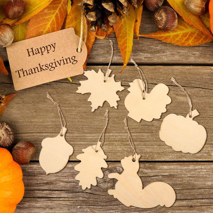 60 Pieces Fall Thanksgiving Unfinished Wooden Ornaments Maple Leaves Pumpkin Wood Cutout Squirrel Acorn Blank Wooden Ornament for Thanksgiving Party DIY Decor Supplies, 6 Styles