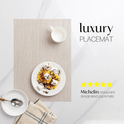 LEXMORE Placemats Set of 8 Vinyl/Plastic Woven Place Mats for Kitchen Table Indoor/Outdoor Washable Placemat Wipeable Dining Table Mats(A-Beige White)