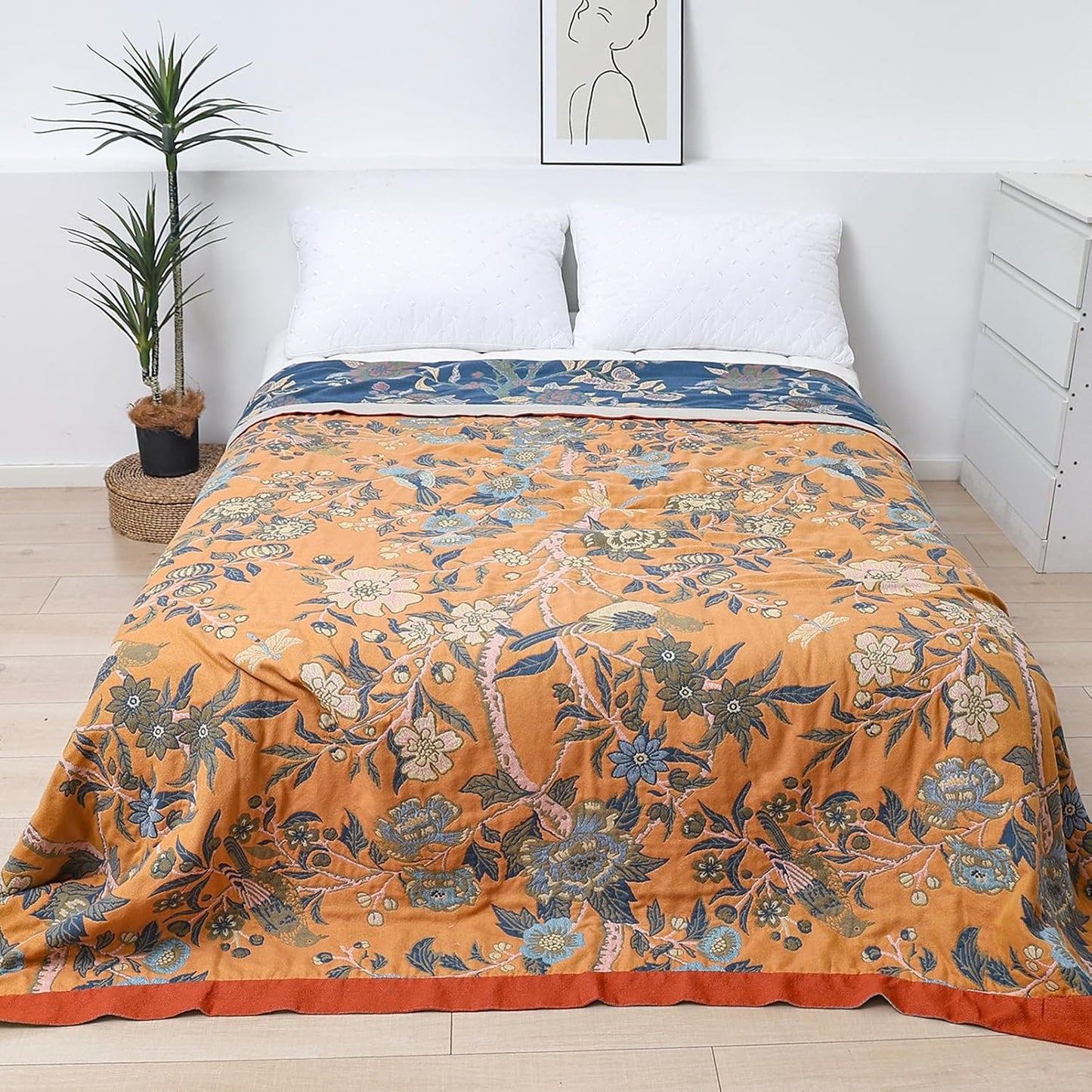 Snycler Boho Throw Blanket for Bed - 100% Cotton Ultra Soft Rustic Quilt Blanket Orange Bird Floral Printed Farmhouse Decor Bed Blankets, 60"×80" All Season Rustic Throw for Sofa Couch Chair