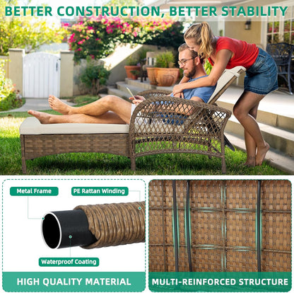 VIVIJASON Outdoor Wicker Chaise Lounge Chair, All-Weather PE Rattan Cushioned Patio Lounger Set with Side Table, 6-Position Adjustable Outside Pool Sunbathing Recliner with Armrest & Pillow, Beige